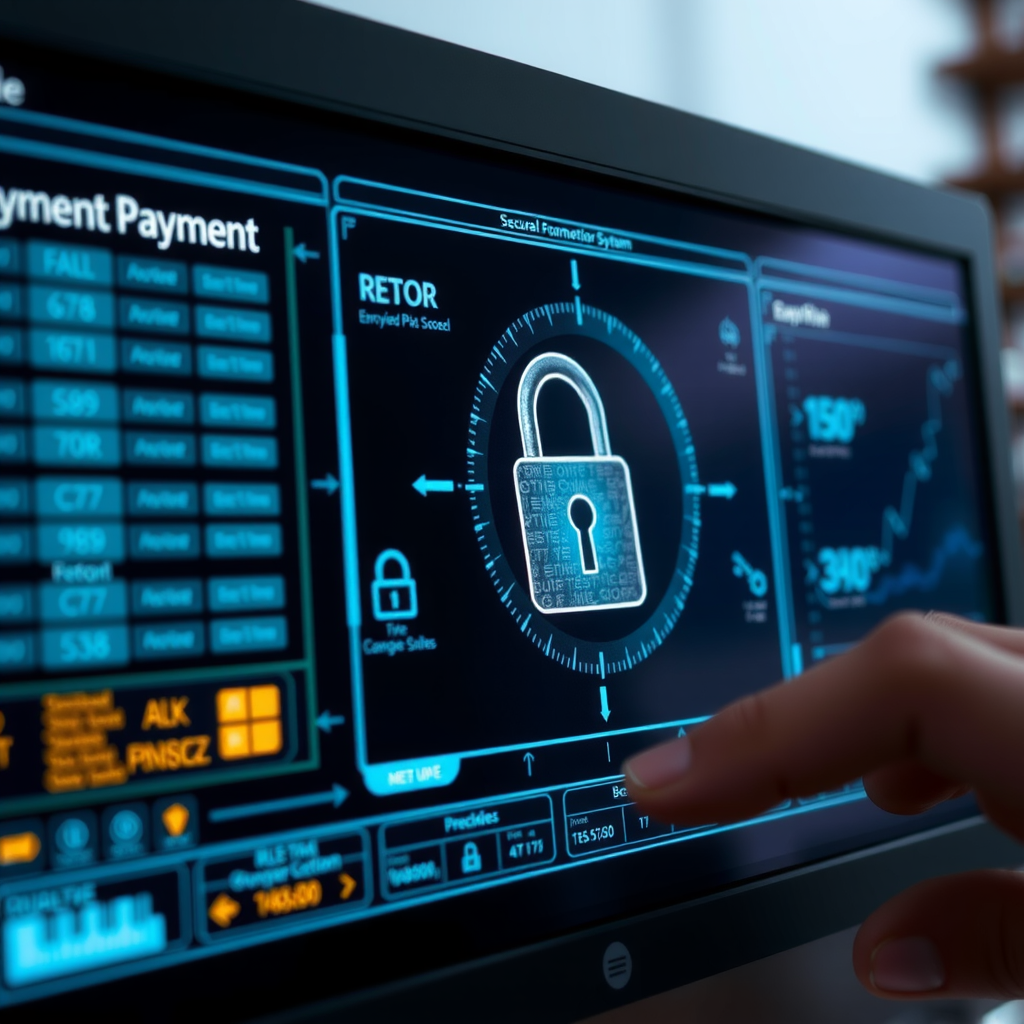 Secure payment system interface showing encrypted transaction processing and security features