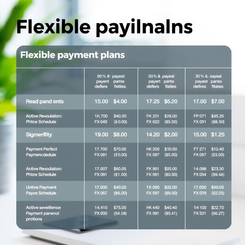 Flexible payment plans and options display showing various payment schedules and methods