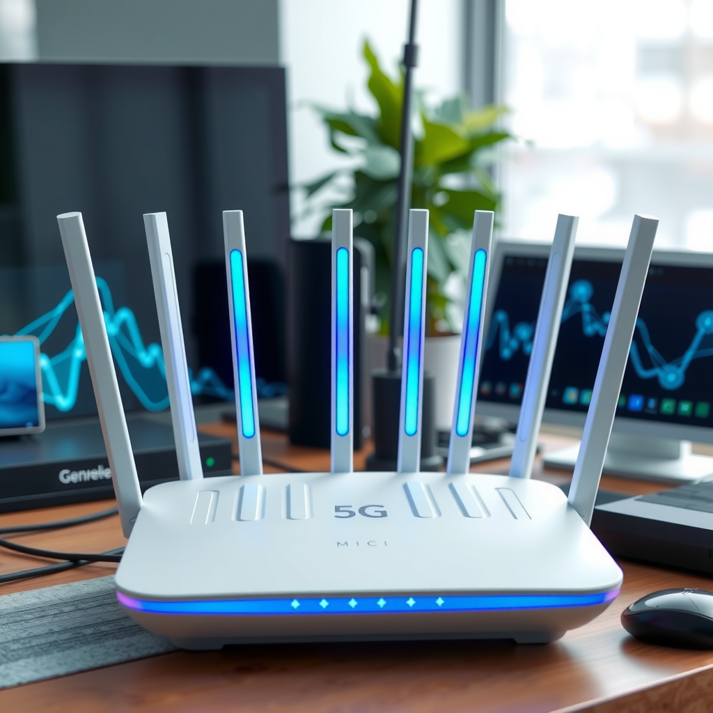 Modern 5G router with multiple antennas and LED indicators displaying high-speed connectivity, sleek white design with blue accent lights, positioned on a desk with connected devices in background