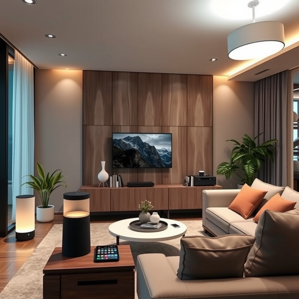 Modern living room showcasing integrated smart home devices including smart speakers, automated lighting system, security cameras, and tablet control panel, warm ambient lighting creating connected home atmosphere