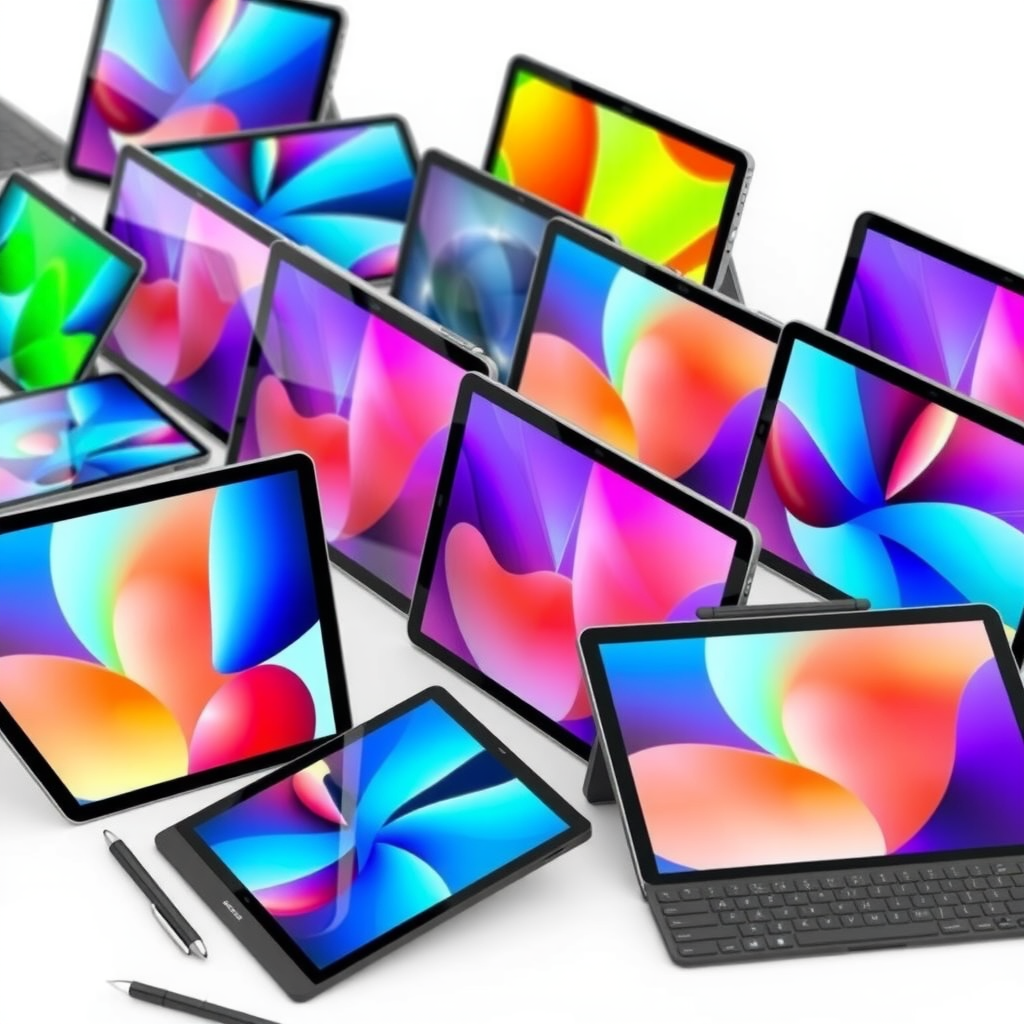 Array of modern tablets displayed side by side showing different screen sizes and designs, featuring high-resolution displays with vibrant colors, stylus pens, and keyboard accessories on clean white surface