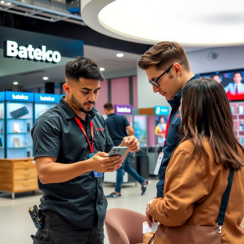 Professional Batelco technician assisting customer with smartphone setup in modern retail environment with product displays and comfortable seating area