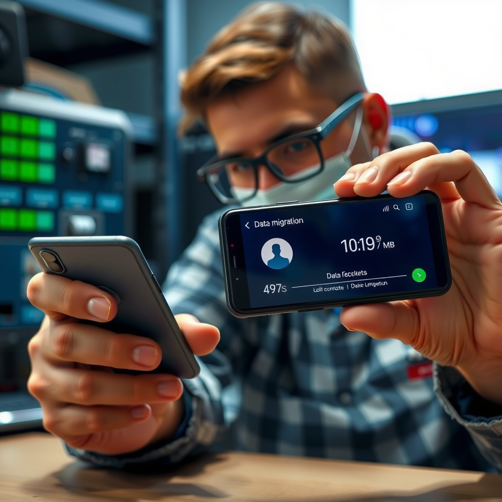 Professional technician performing secure data migration from old smartphone to new device, showing transfer of contacts, photos, and apps with progress indicators on screen