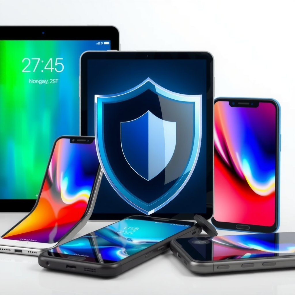Modern smartphone and tablet devices protected under comprehensive insurance coverage plan, showing various mobile devices including latest smartphones and tablets with protective shield overlay symbolizing complete protection against damage, theft, and accidents