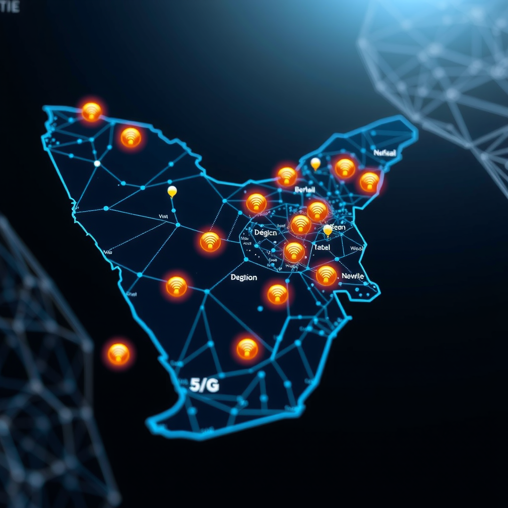 Digital map of Bahrain showing extensive 5G network coverage with glowing connection points and signal strength indicators, illustrating Batelco's expanded wireless infrastructure and connectivity reach