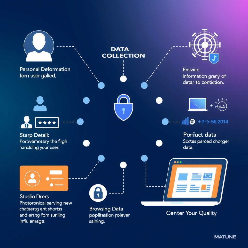Illustration of data collection process showing various types of user information being securely gathered including personal details, device information, and browsing data with modern interface elements