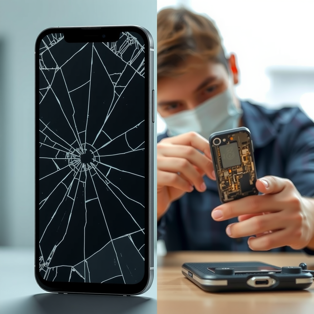 Smartphone with cracked screen being protected under accidental damage coverage, showing before and after repair with professional technician examining damaged device and replacement parts ready for immediate repair service