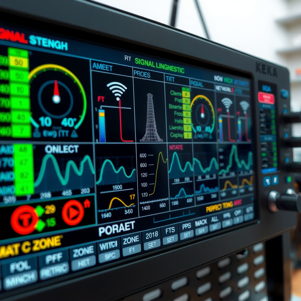 Close-up of professional network diagnostic equipment displaying signal strength measurements, bandwidth analysis, and connectivity metrics with color-coded performance indicators across multiple zones