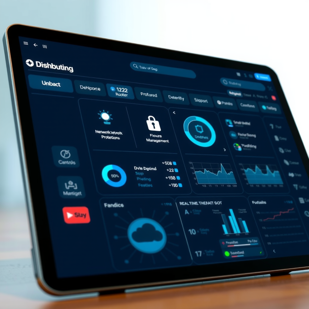 Modern security dashboard interface on a tablet screen showing network protection features, firewall settings, device management controls, and real-time threat monitoring for Batelco 5G router