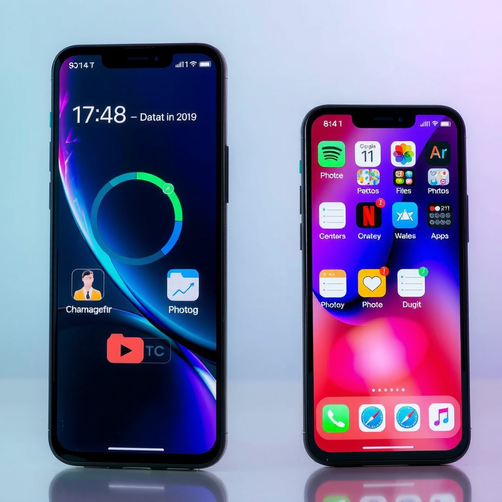 Visual representation of data transfer between old and new smartphones with animated progress indicators and file icons showing contacts, photos, and apps being migrated