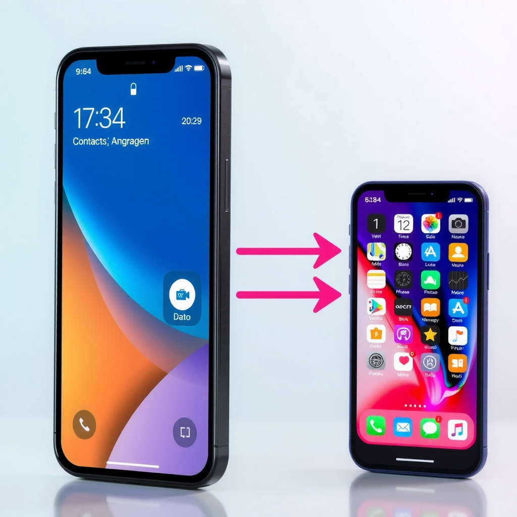 Cross-platform data migration showing iPhone and Android devices connected with transfer arrows, displaying successful migration of contacts, photos, and apps between different operating systems