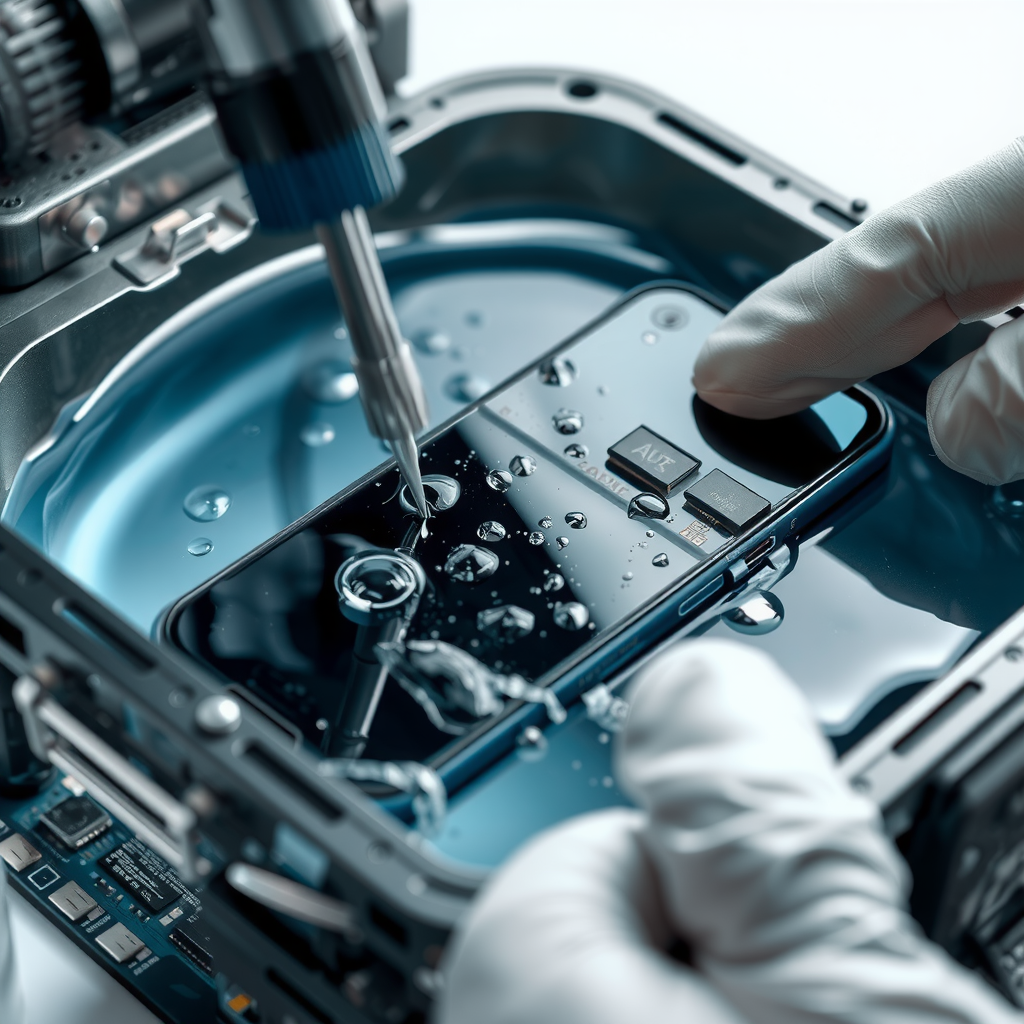 Water-damaged smartphone being dried and repaired by professional technician, showing device submerged in liquid with water droplets and specialized equipment for liquid damage restoration and component cleaning