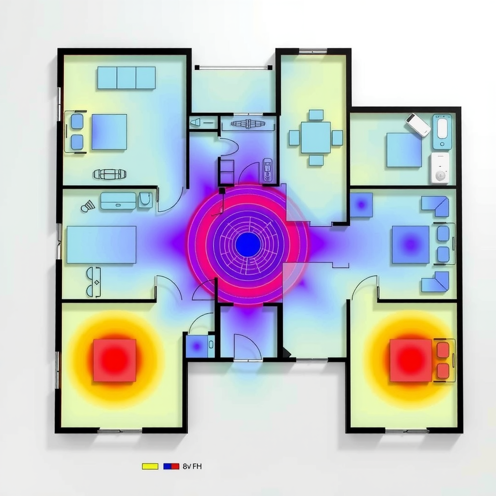 Detailed architectural floor plan with color-coded WiFi signal strength heat map overlay showing optimal router placement, coverage zones, and strategic positioning of network extenders for maximum connectivity