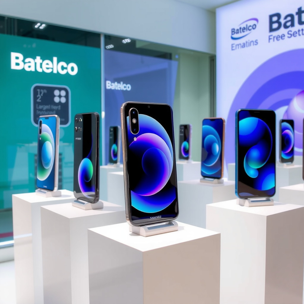 Display showcase featuring the newest smartphone models available at Batelco, including iPhone 15 Pro, Samsung Galaxy S24, and Huawei P60 Pro arranged on modern white pedestals with soft lighting highlighting their premium designs and features