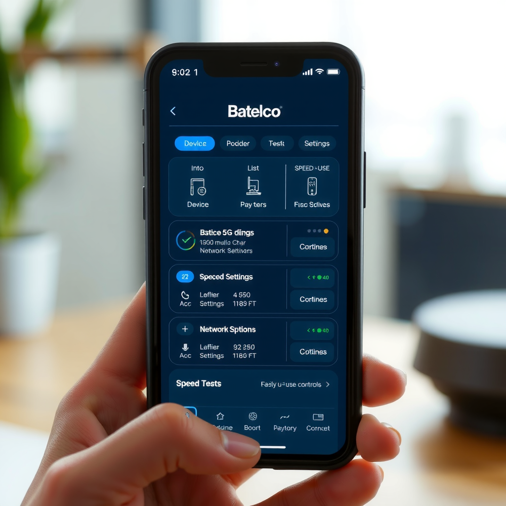 Smartphone displaying intuitive mobile app interface for managing Batelco 5G router with device list, network settings, speed test results, and easy-to-use controls for seamless network management