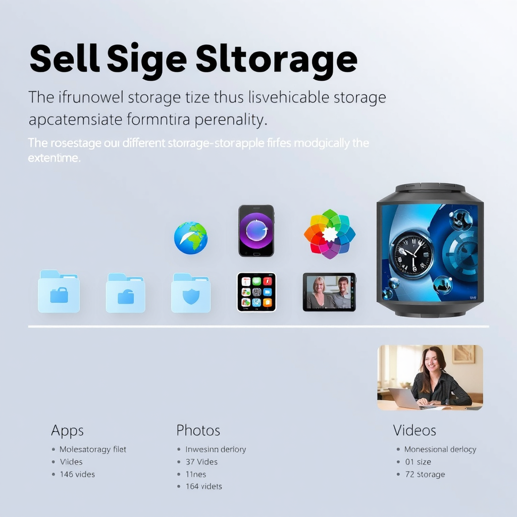 Visual representation of different storage capacities showing folders, files, apps, photos, and videos with size indicators, demonstrating how different storage tiers accommodate various content types