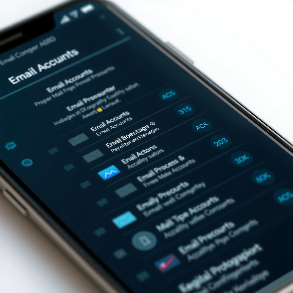 Modern email application interface on smartphone showing multiple configured email accounts, organized folder structure, and synchronized messages with professional layout