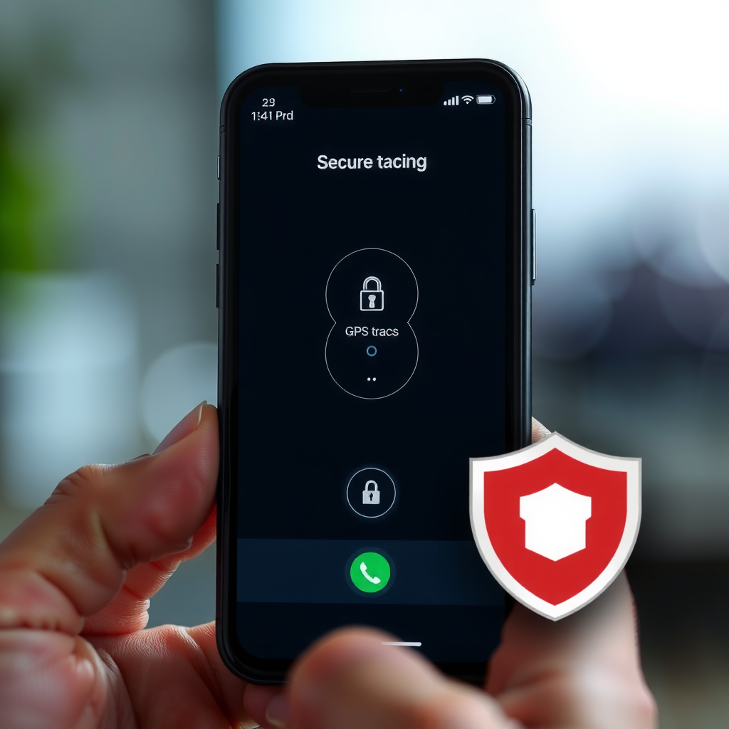 Secure smartphone with anti-theft protection features, showing GPS tracking interface, remote lock screen, and security shield icon representing comprehensive theft protection and device recovery services
