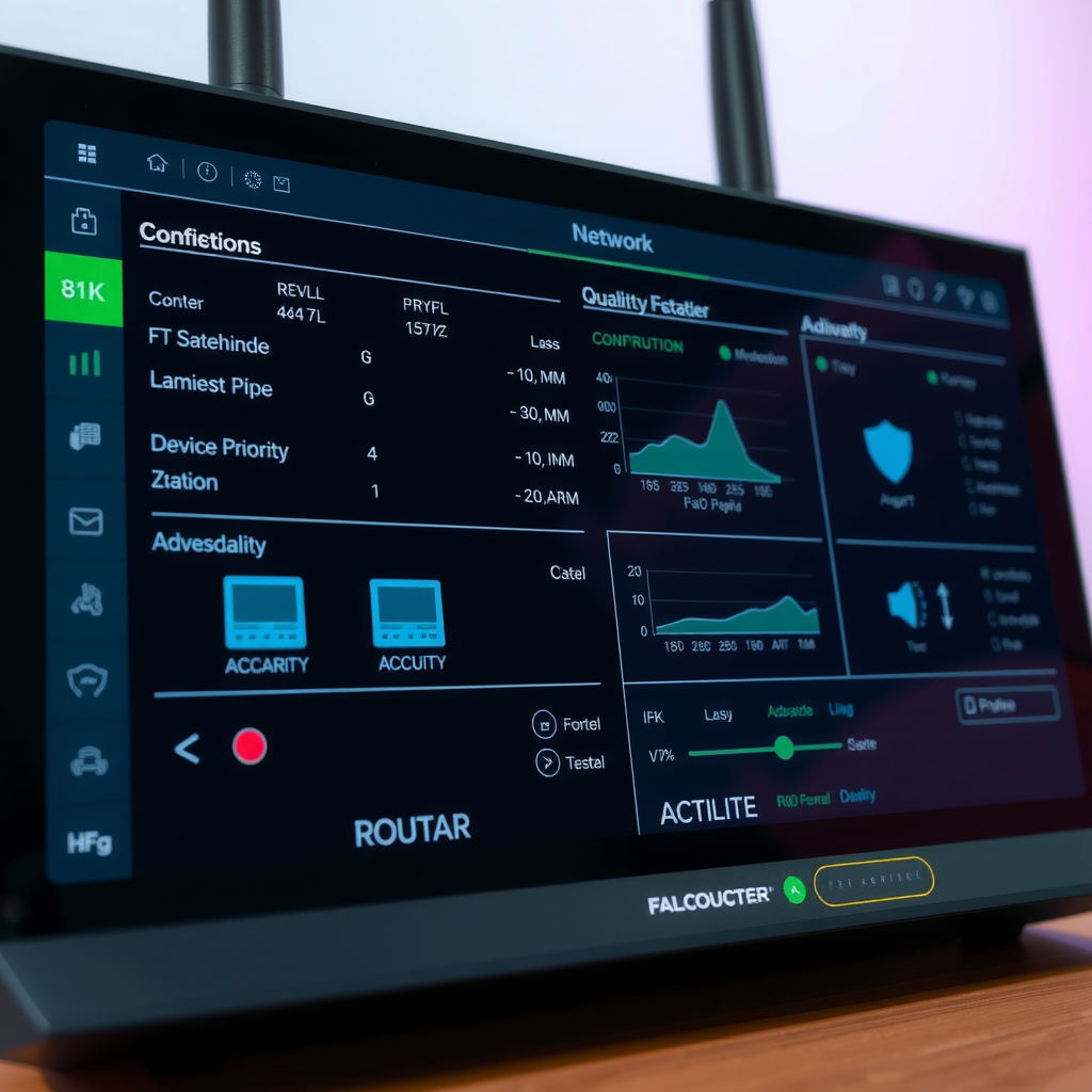 Modern router configuration interface displaying advanced network settings including Quality of Service controls, bandwidth allocation graphs, device priority management, and security configuration options