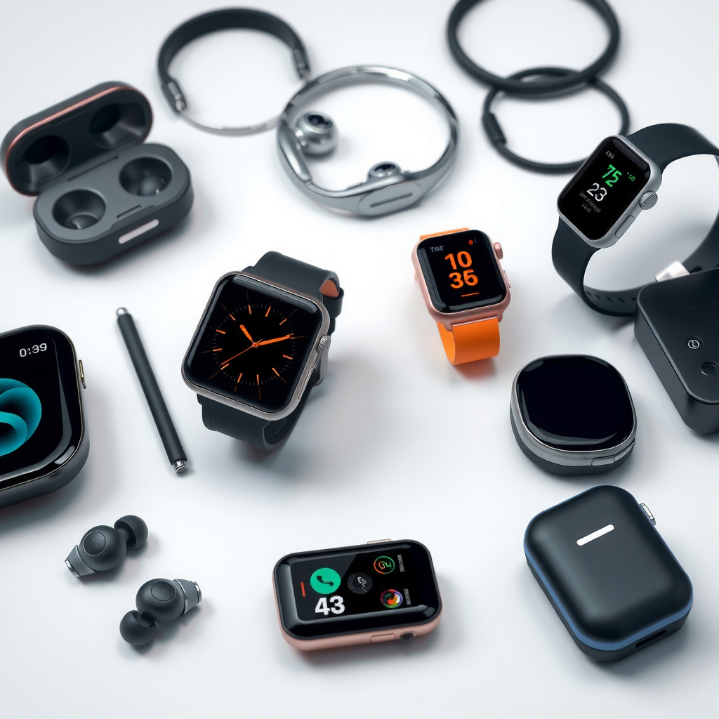 Collection of smart accessories including wireless earbuds, smartwatches, fitness trackers, and charging devices