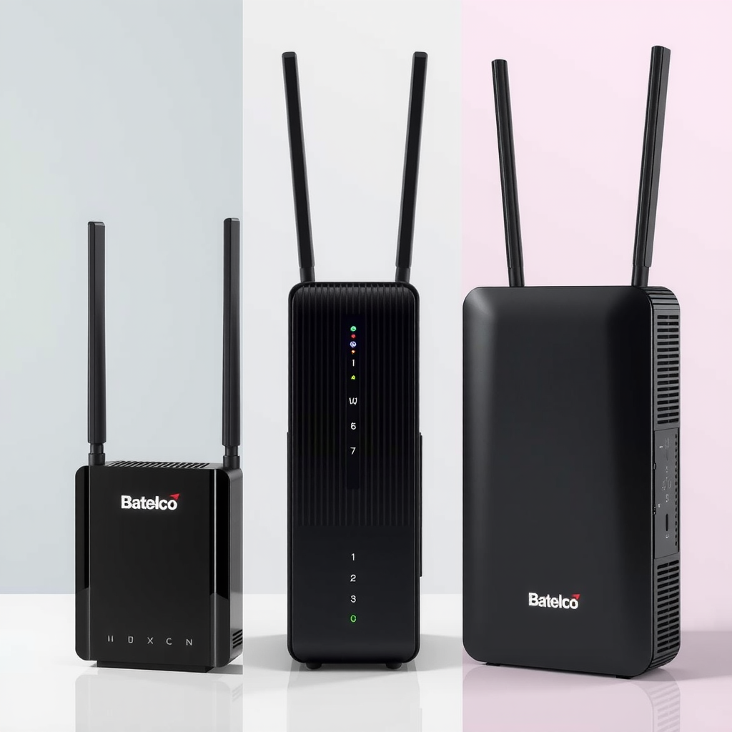 Side-by-side comparison of three different Batelco 5G router models showing residential compact model, mid-range home router, and commercial-grade enterprise router with their distinctive features and designs