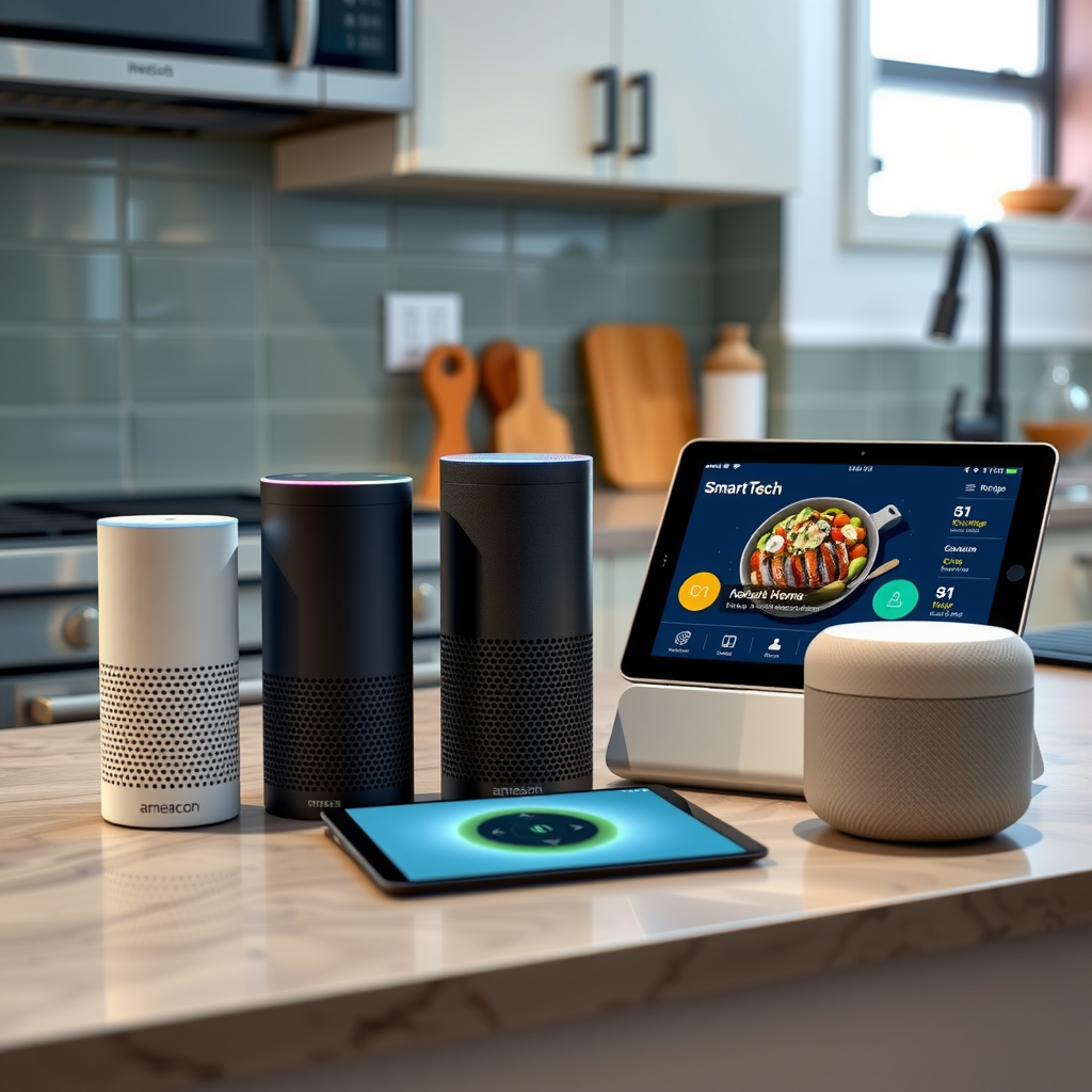 Kitchen counter scene showing multiple smart speakers from different brands - Amazon Echo, Google Nest, and Apple HomePod - arranged together, each with glowing indicators showing active status, tablet displaying unified smart home control dashboard, smart display showing recipe instructions, demonstrating multi-platform voice assistant integration in modern kitchen environment