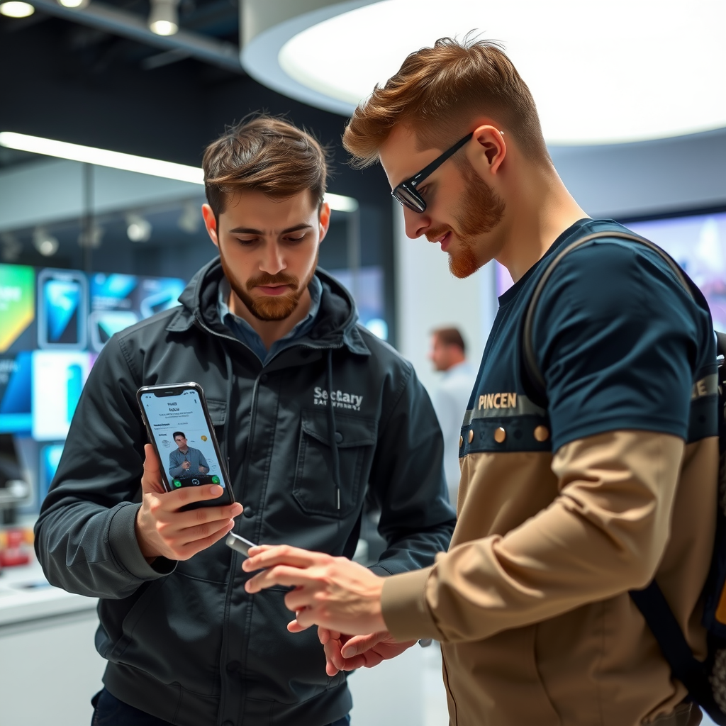 Professional technician helping customer configure a new smartphone, showing device settings screen with personalized setup options, modern retail environment with technology displays