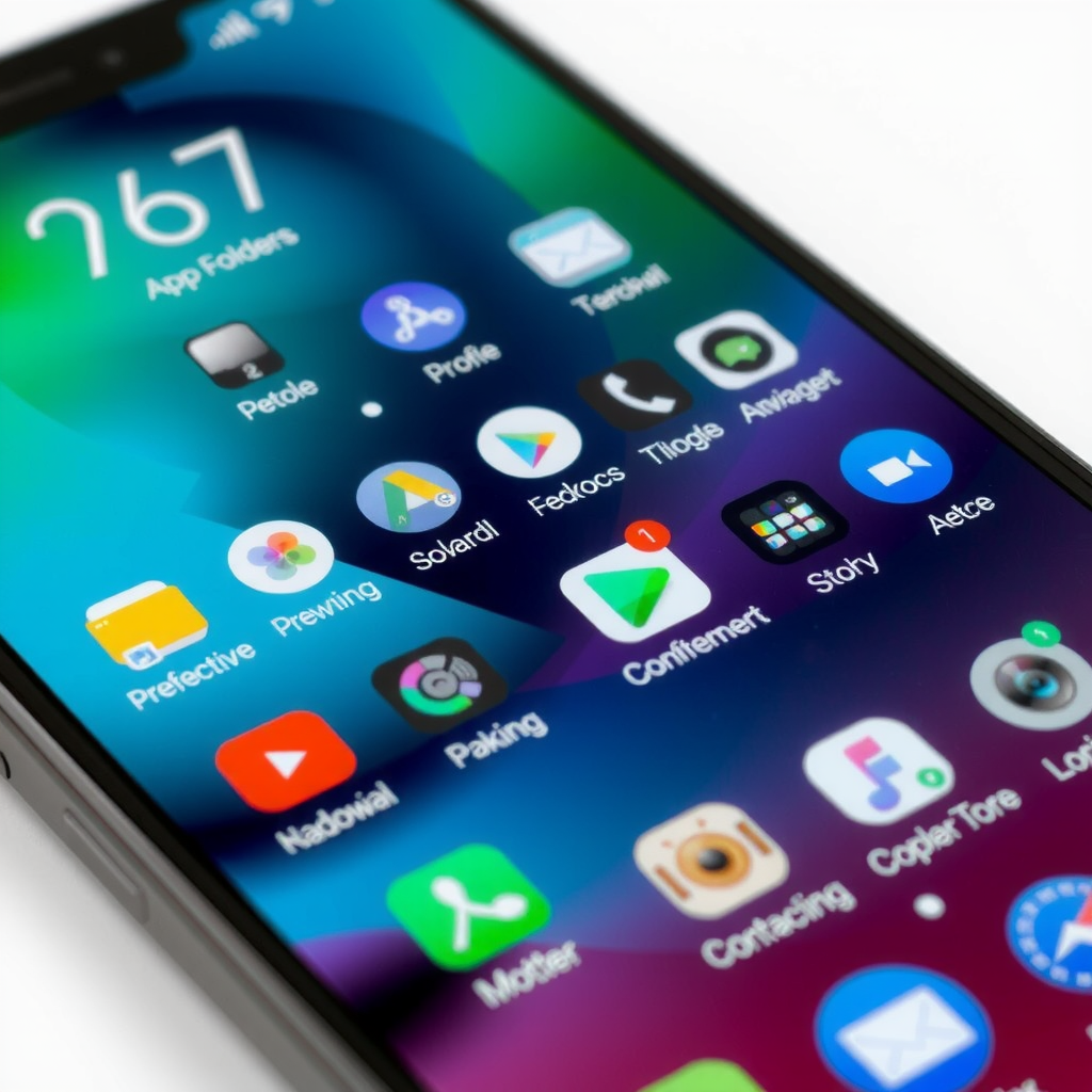 Well-organized smartphone home screen displaying categorized app folders, essential applications, and clean interface layout with productivity and communication apps prominently featured