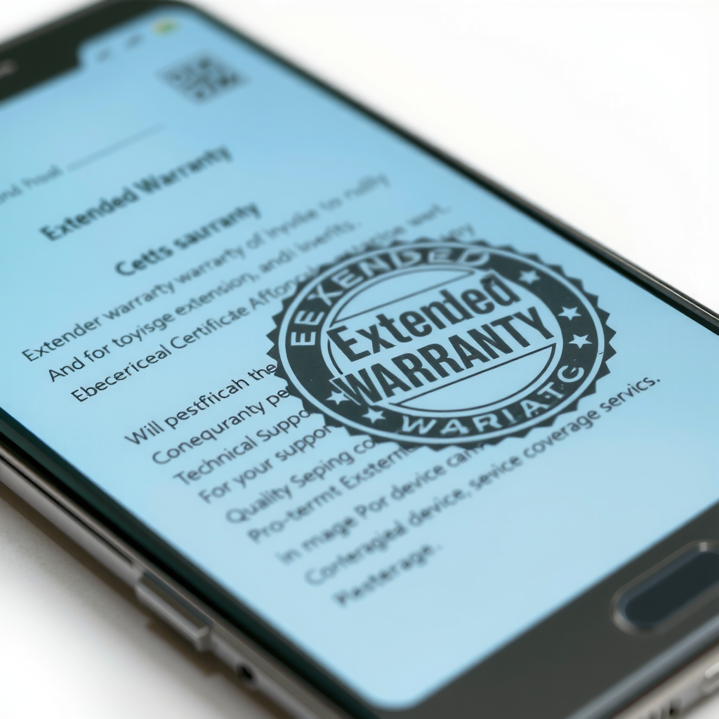 Smartphone with extended warranty certificate and quality assurance badge, showing manufacturer warranty extension documentation, technical support services, and long-term device protection coverage benefits
