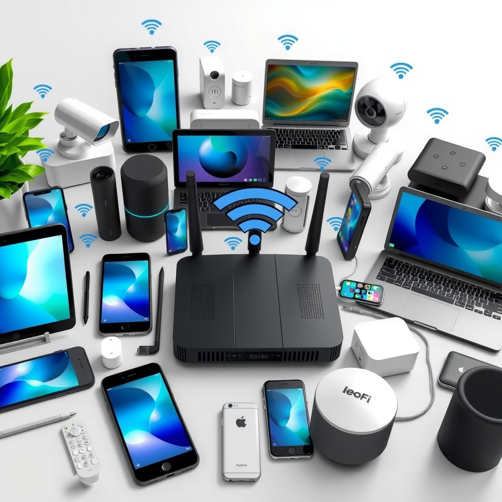 Diverse collection of modern connected devices including smartphones, tablets, laptops, smart speakers, security cameras, and IoT devices arranged around a central WiFi router, showing seamless connectivity