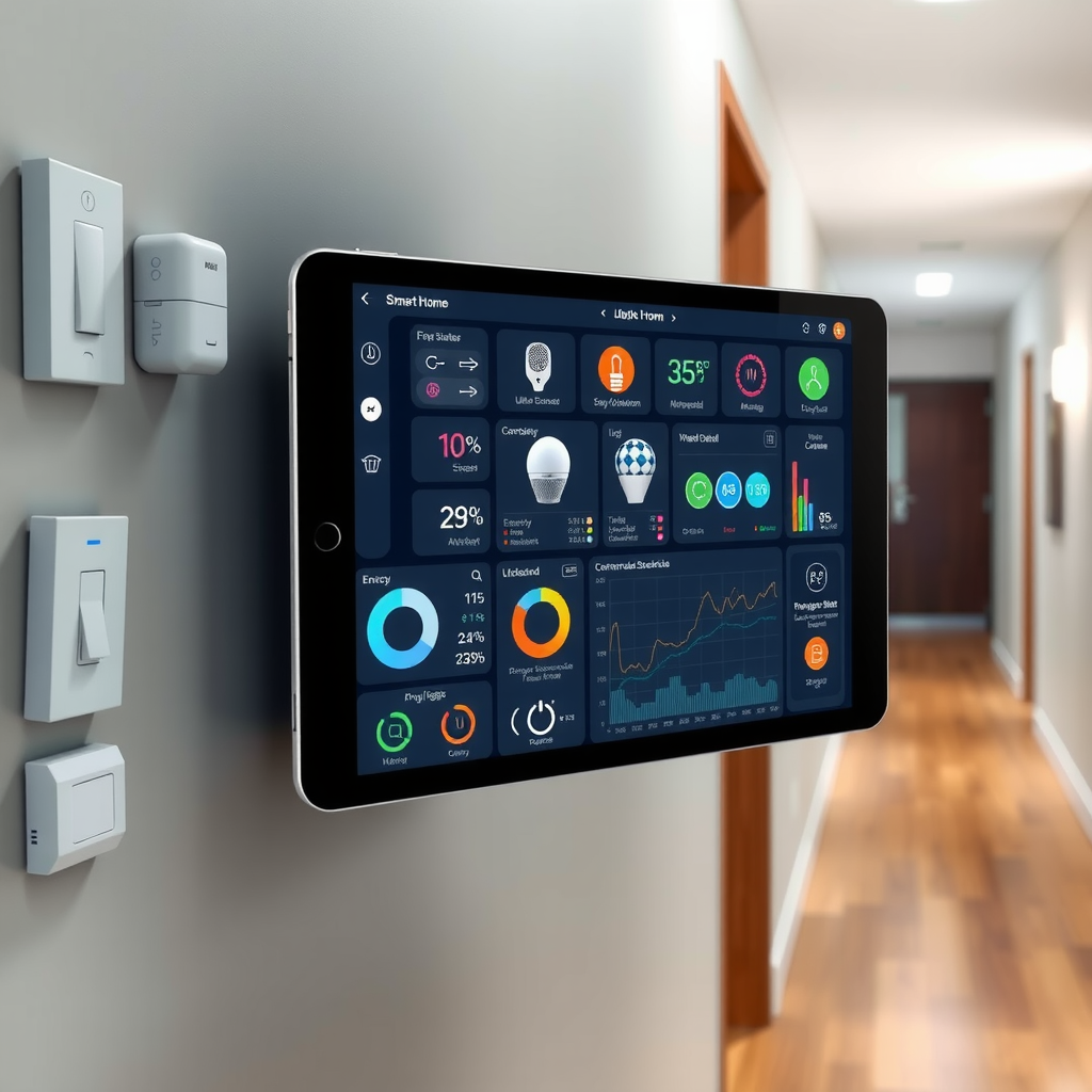 Wall-mounted tablet displaying comprehensive smart home automation dashboard with multiple widgets showing lighting controls, security camera feeds, temperature settings, energy consumption graphs, automation schedules, and device status indicators, mounted in modern hallway with smart devices visible in background including motion sensors and smart switches