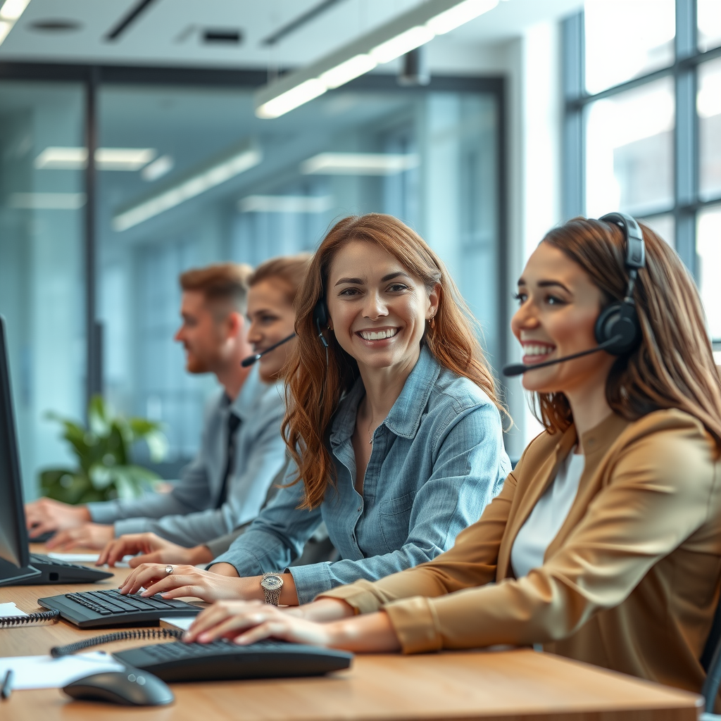 Customer support and contact concept showing friendly service representatives, multiple communication channels including phone, email, and chat with modern office environment