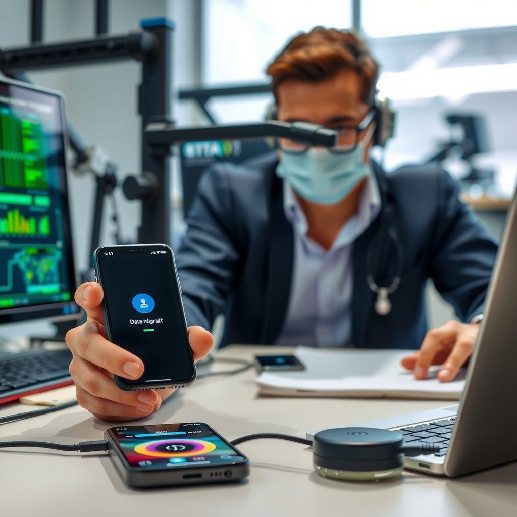 Secure data migration process showing two smartphones connected with transfer progress bar, professional technician managing the transfer, clean modern workspace with technology equipment