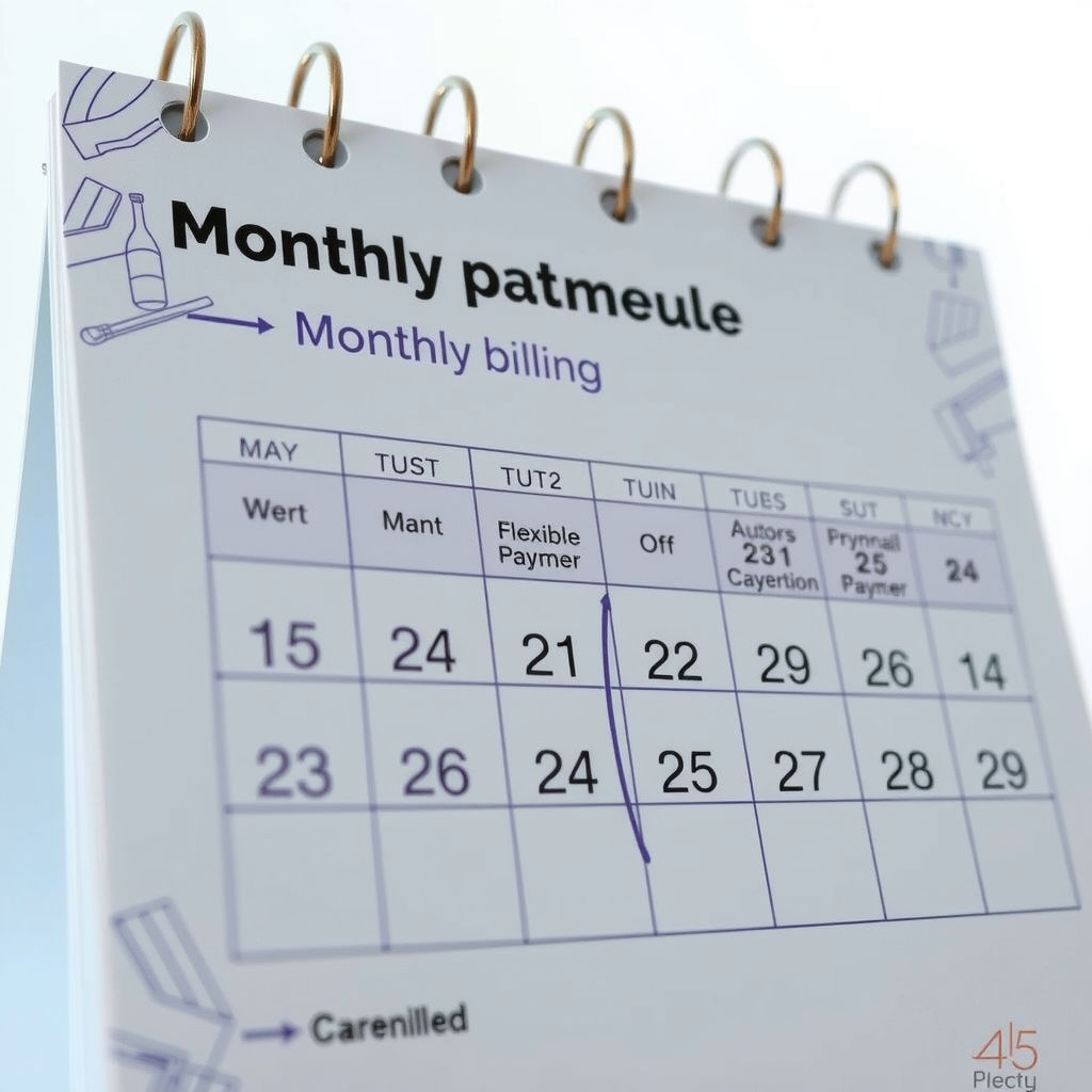 Calendar showing monthly payment schedule with automatic billing dates, flexible payment options, and easy cancellation policy for device protection plan subscribers