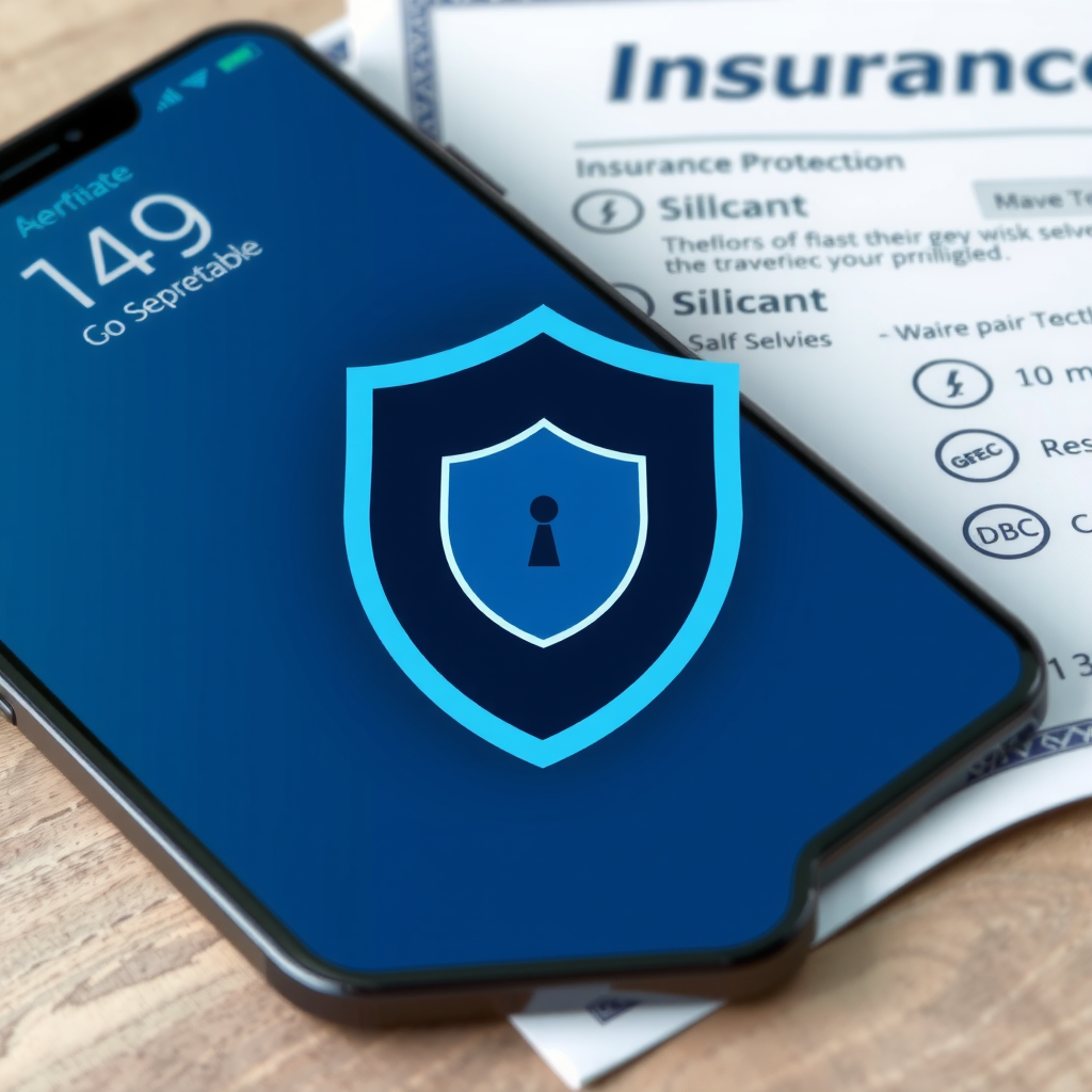 Smartphone with protective shield icon overlay, insurance certificate document, modern device protection concept with security symbols, professional presentation of coverage options