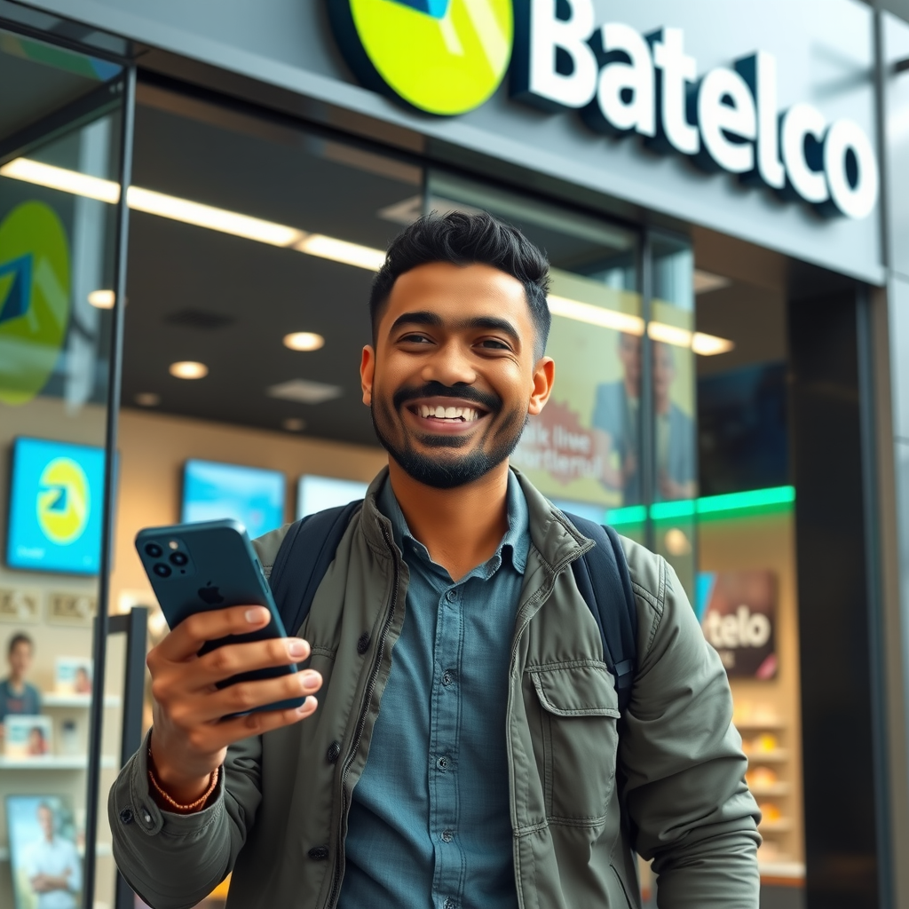 Satisfied customer smiling and holding newly configured smartphone while exiting modern Batelco retail location, with store branding visible in background