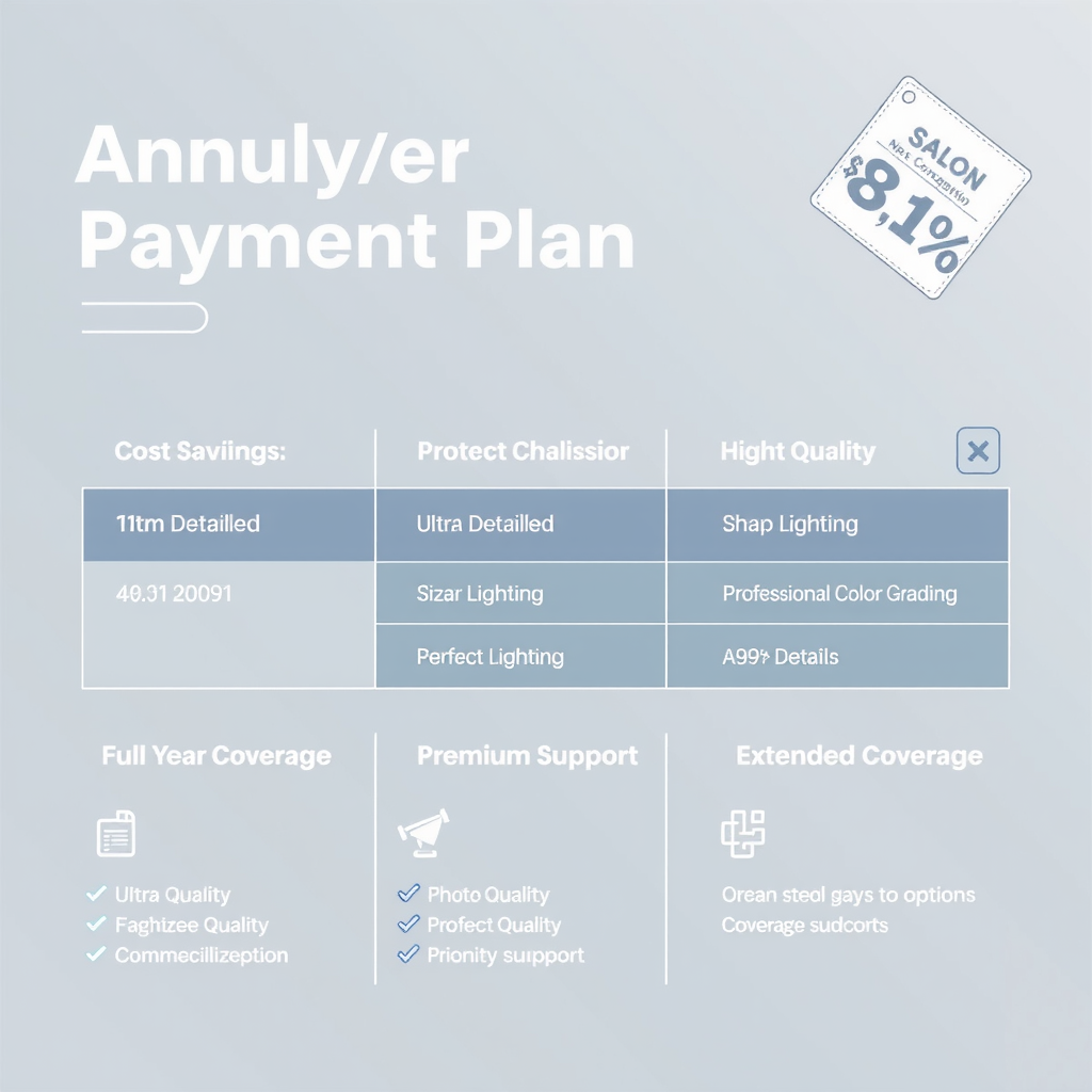 Annual payment plan showing significant cost savings with discount badge, full year coverage calendar, and premium benefits including priority support and extended coverage options