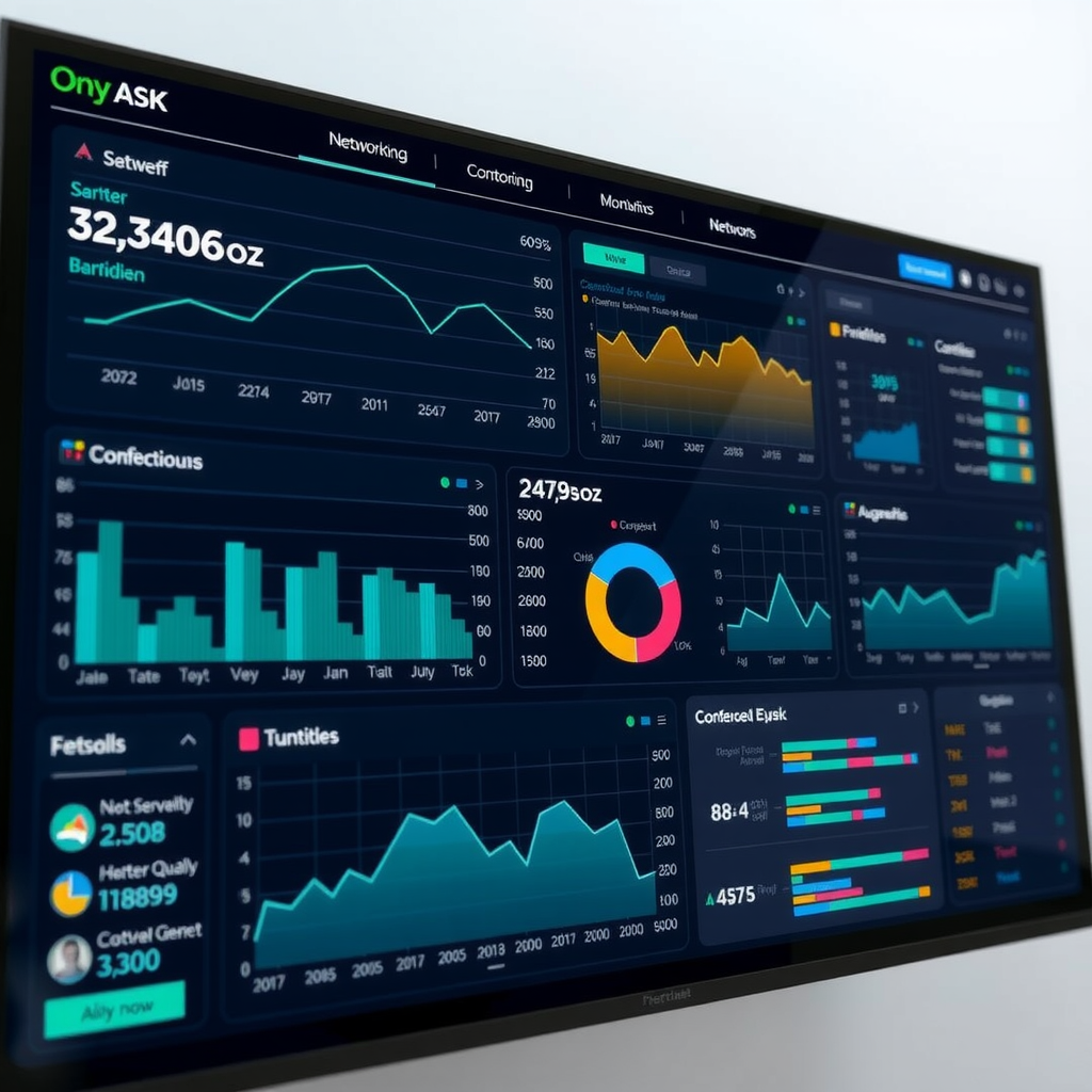 Comprehensive network monitoring dashboard displaying real-time bandwidth usage graphs, connected device list with activity indicators, network health metrics, and performance analytics