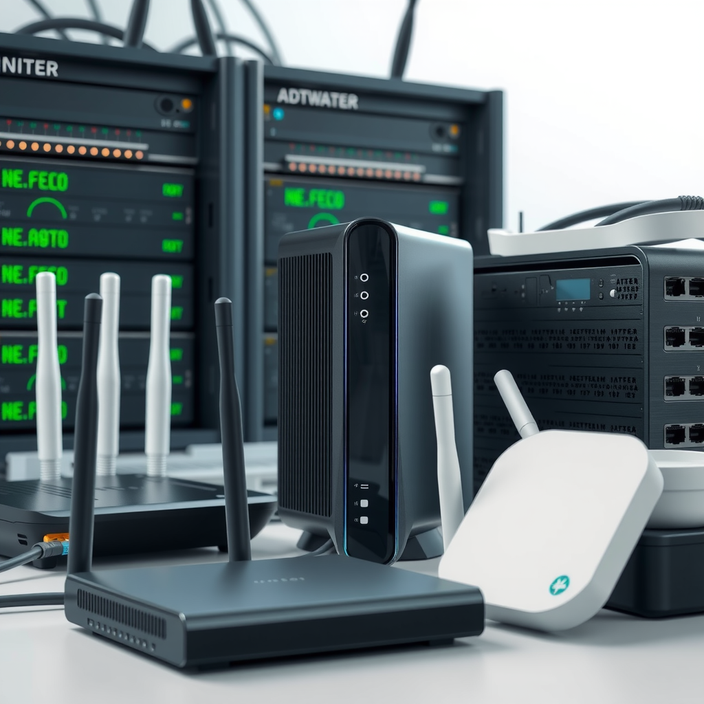 Modern networking equipment including fiber routers, broadband modems, and wireless access points