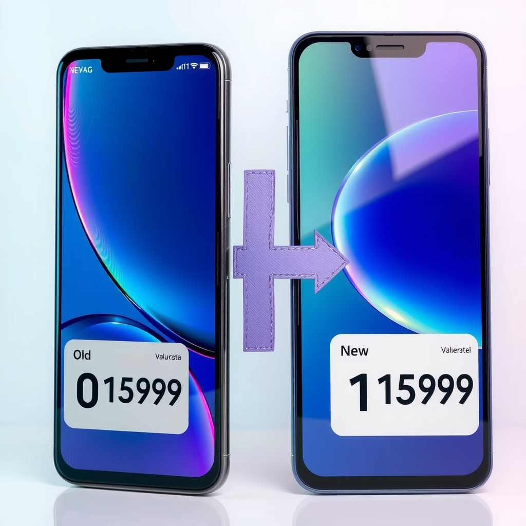 Two smartphones side by side showing old and new models, upgrade arrow between them, device valuation process with price tag, modern technology upgrade concept with professional assessment