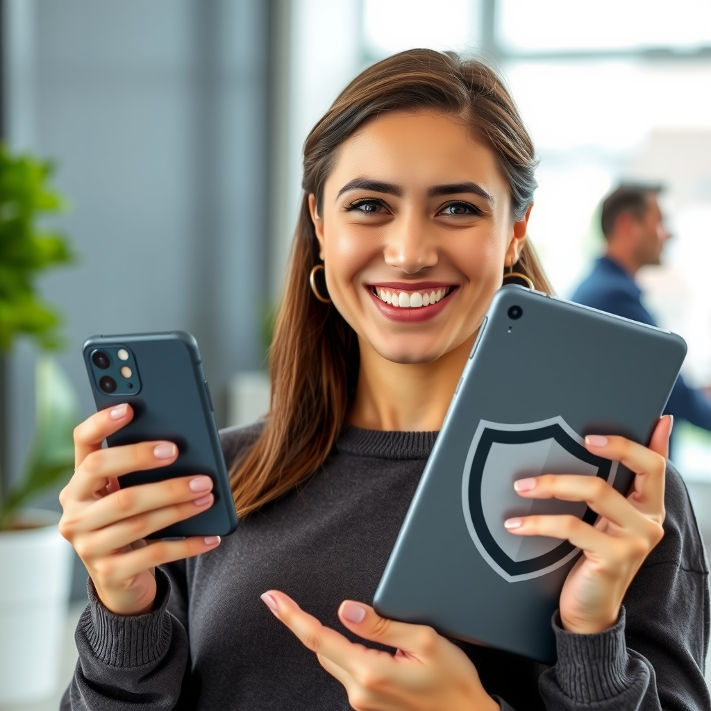 Happy customer holding protected smartphone and tablet with satisfaction guarantee badge, showing confident smile and secure devices covered by comprehensive protection plan with shield icon overlay